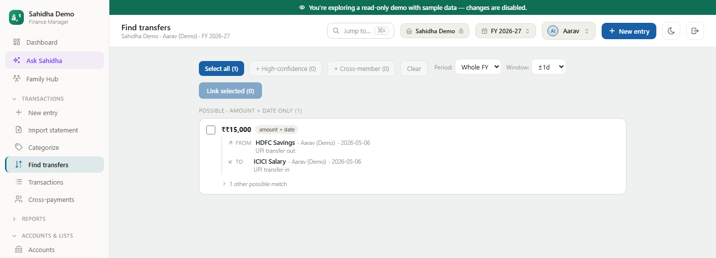 Sahidha find-transfers — matched transfer legs excluded from income and expense